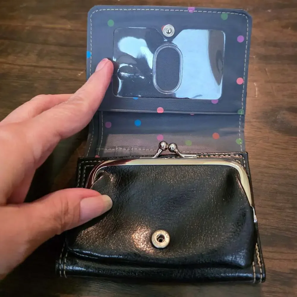 Buxton Go Go Black Leather Mini Trifold Wallet with Contrast Stitching